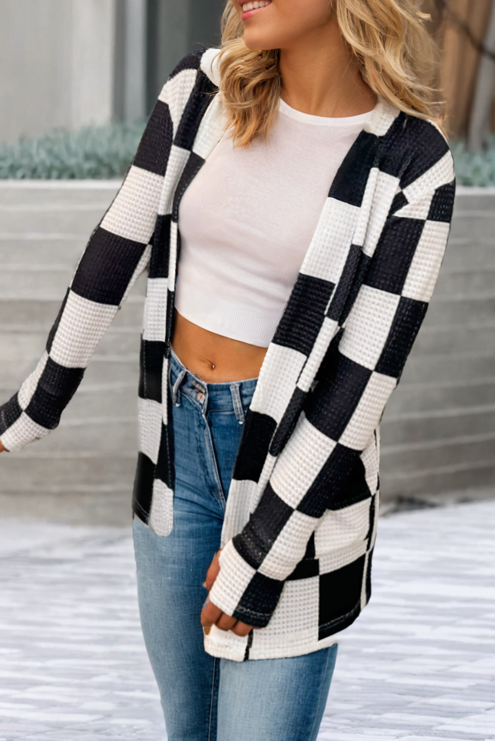 Checkered Waffle Knit Kimono